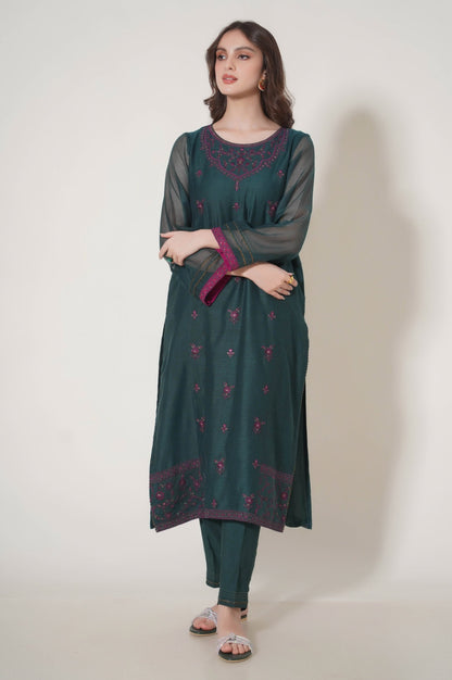 Stitched 3 Piece Embroidered Khaddi Net Outfit
