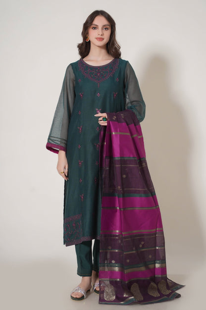 Stitched 3 Piece Embroidered Khaddi Net Outfit