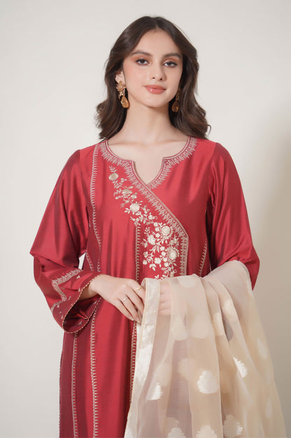 Stitched 3 Piece Embroidered Cotton Silk Suit