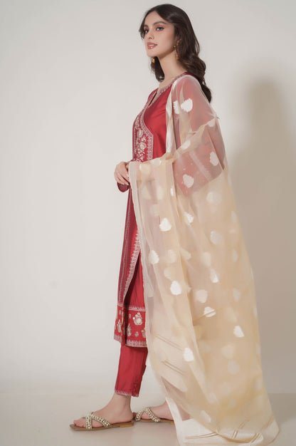 Stitched 3 Piece Embroidered Cotton Silk Suit