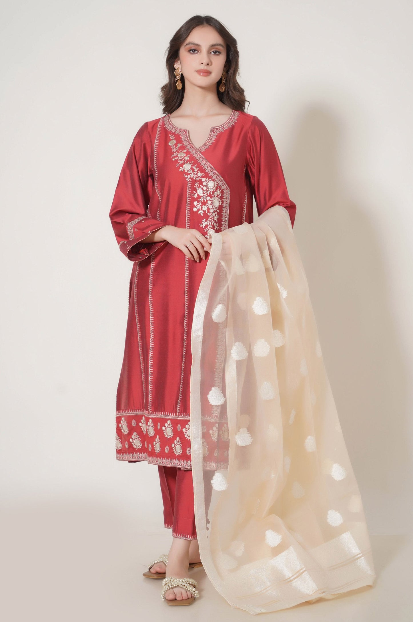 Stitched 3 Piece Embroidered Cotton Silk Suit
