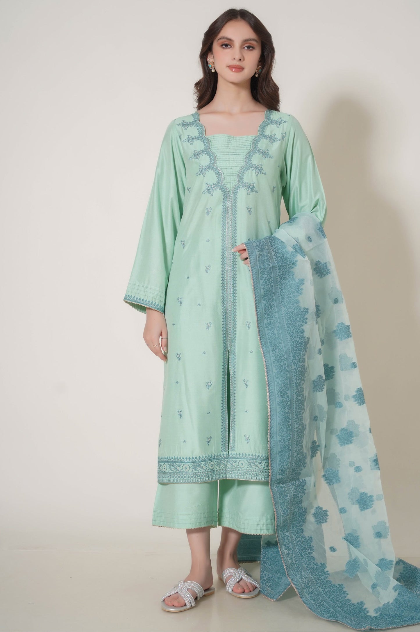 Stitched 3 Piece Embroidered Cotton Silk Outfit