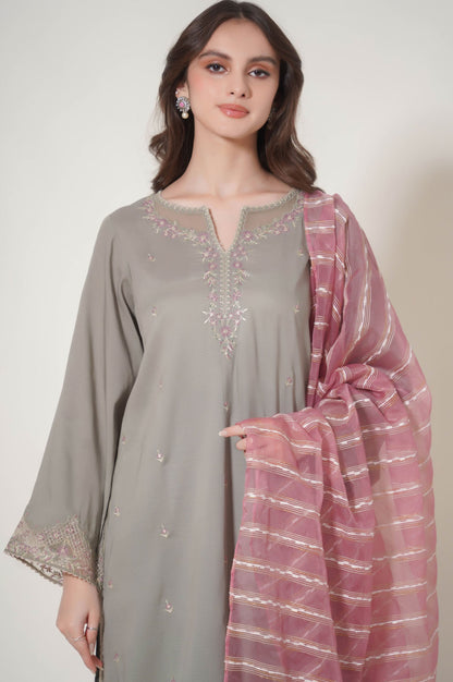 Stitched 3 Piece Embroidered Raw Silk Suit
