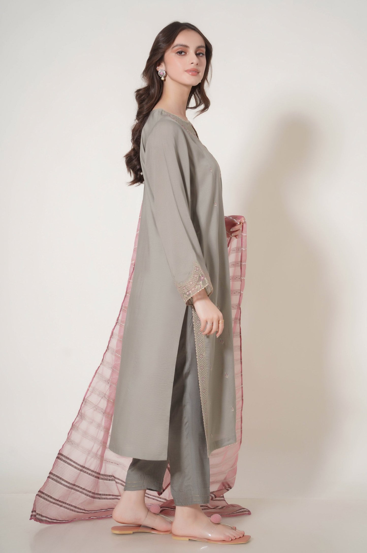 Stitched 3 Piece Embroidered Raw Silk Suit