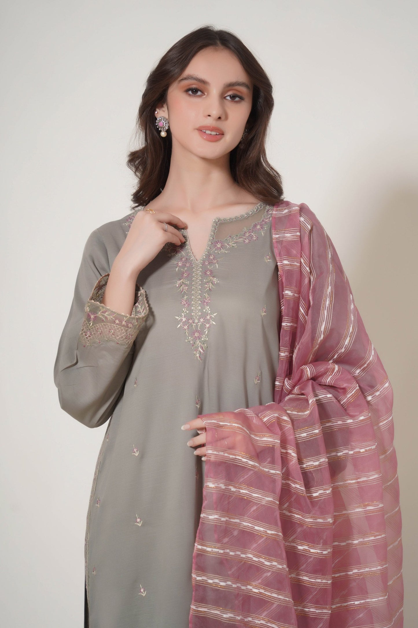 Stitched 3 Piece Embroidered Raw Silk Suit