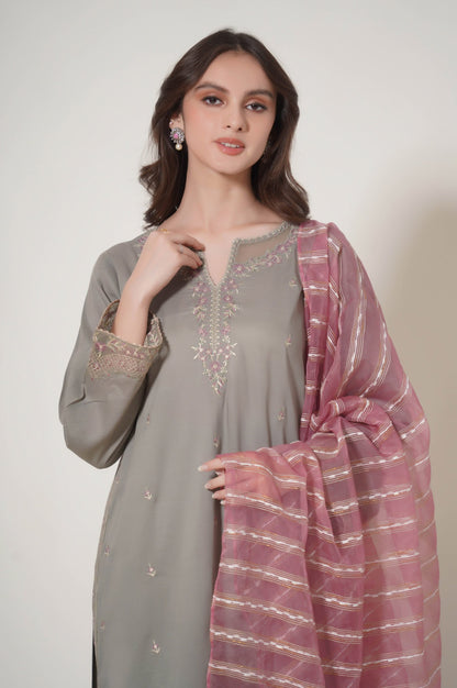 Stitched 3 Piece Embroidered Raw Silk Suit