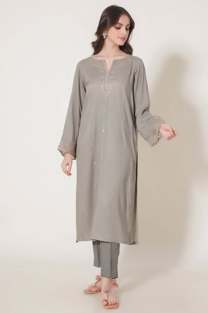 Stitched 3 Piece Embroidered Raw Silk Suit