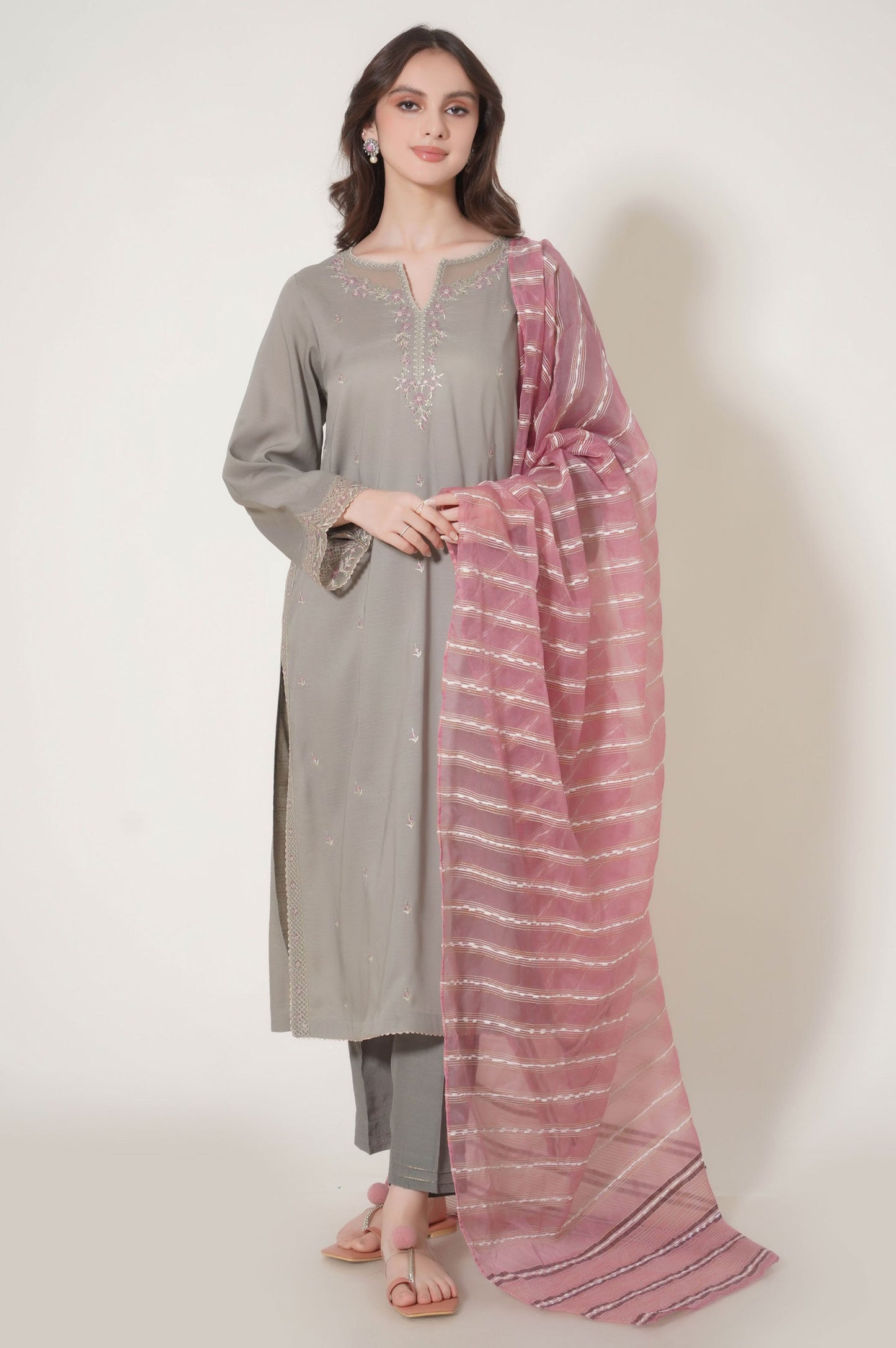 Stitched 3 Piece Embroidered Raw Silk Suit
