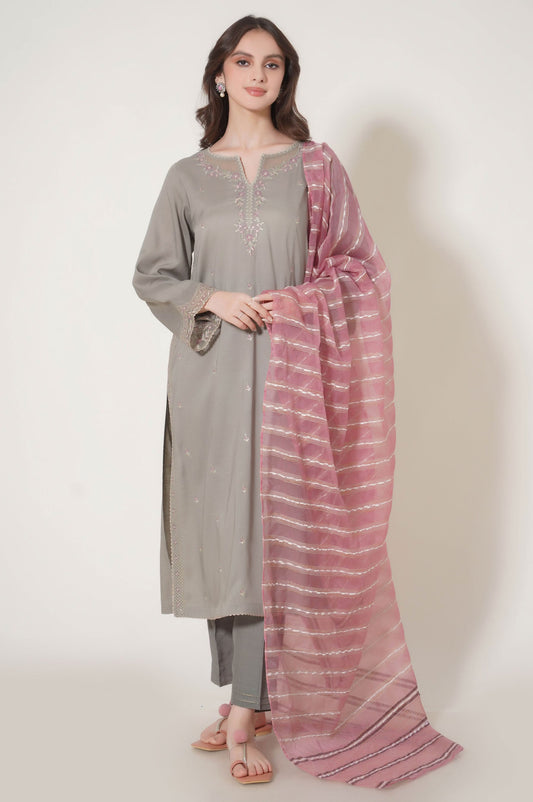 Stitched 3 Piece Embroidered Raw Silk Suit