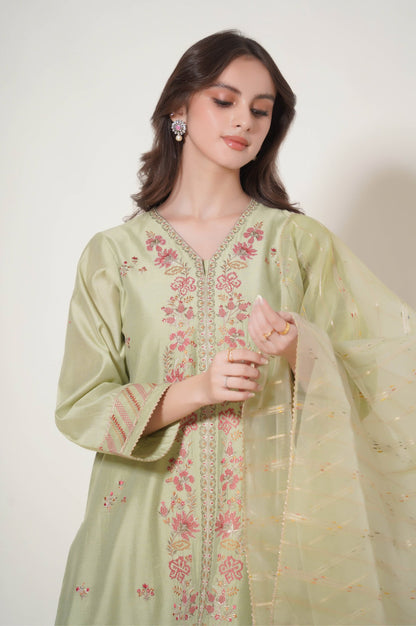Stitched 3 Piece Embroidered Cotton Net Outfit