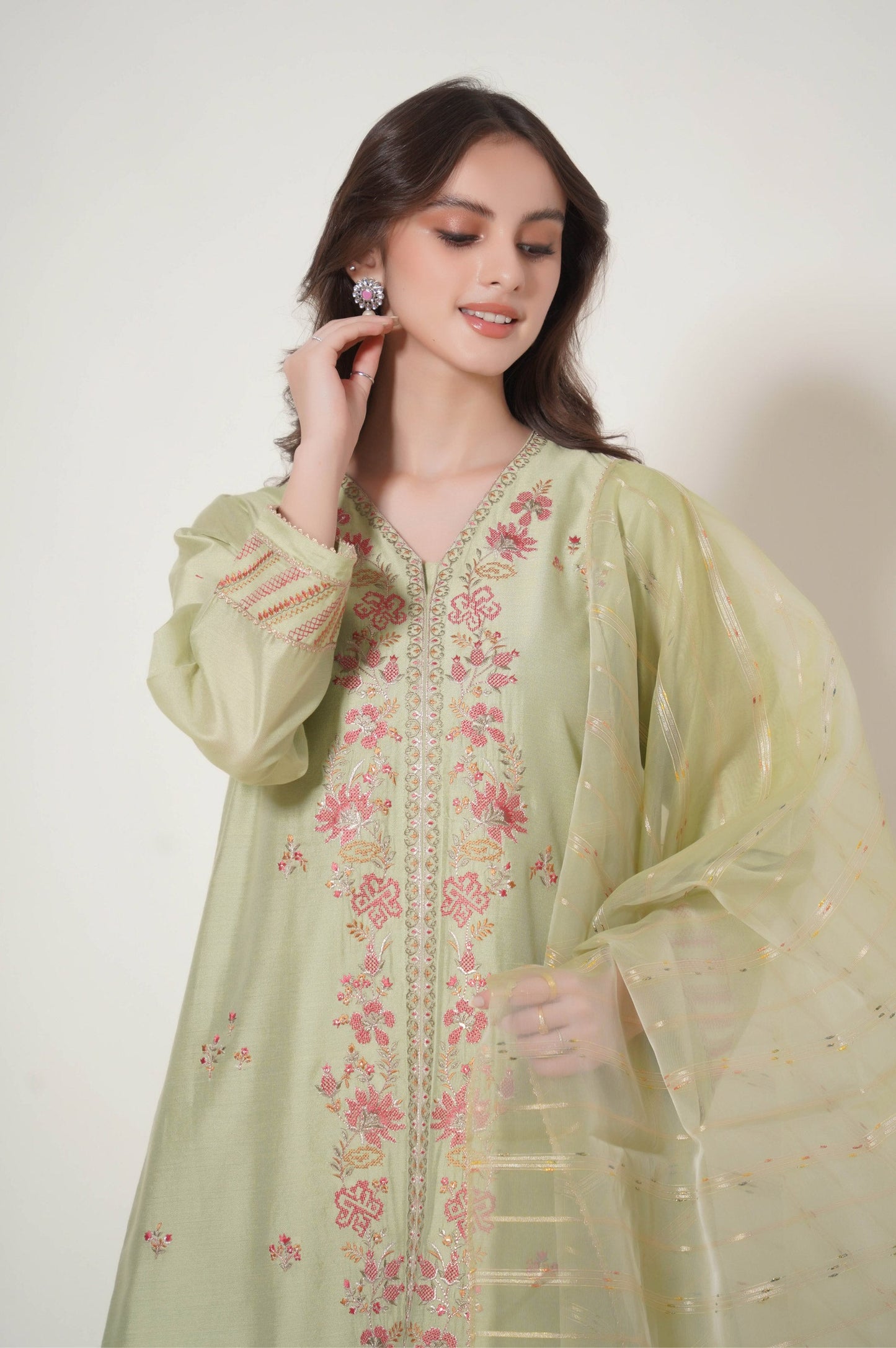 Stitched 3 Piece Embroidered Cotton Net Outfit