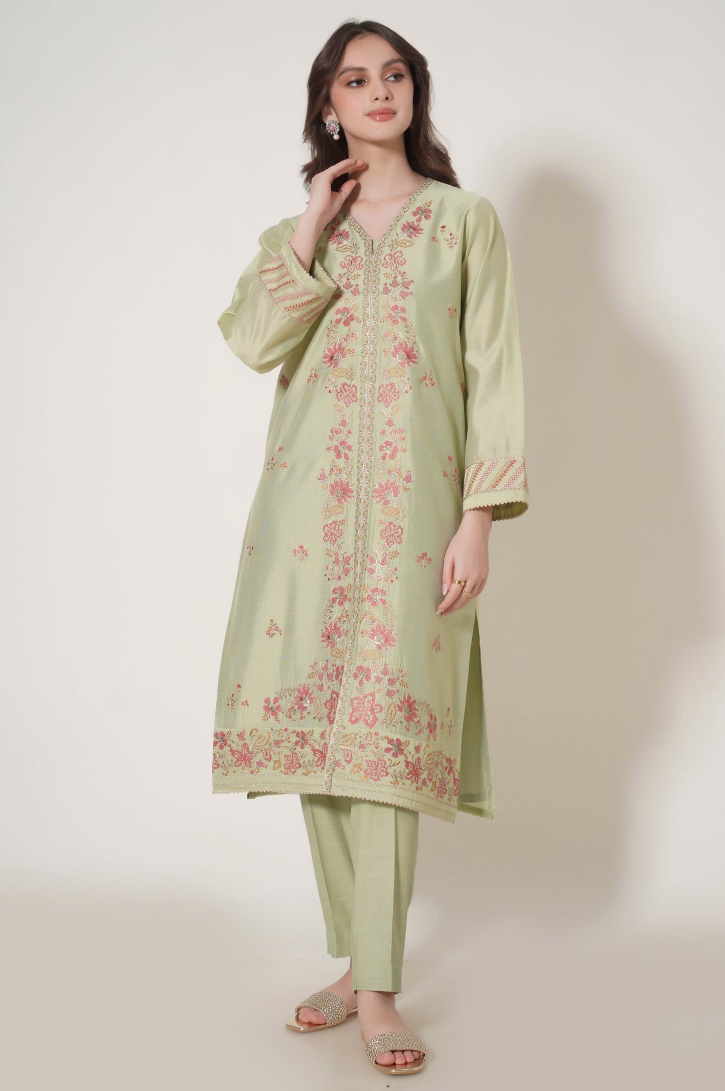 Stitched 3 Piece Embroidered Cotton Net Outfit