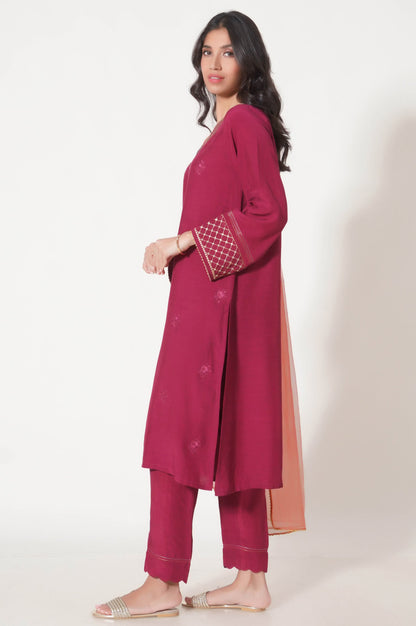 Stitched 3 Piece Embroidered Raw Silk Outfit