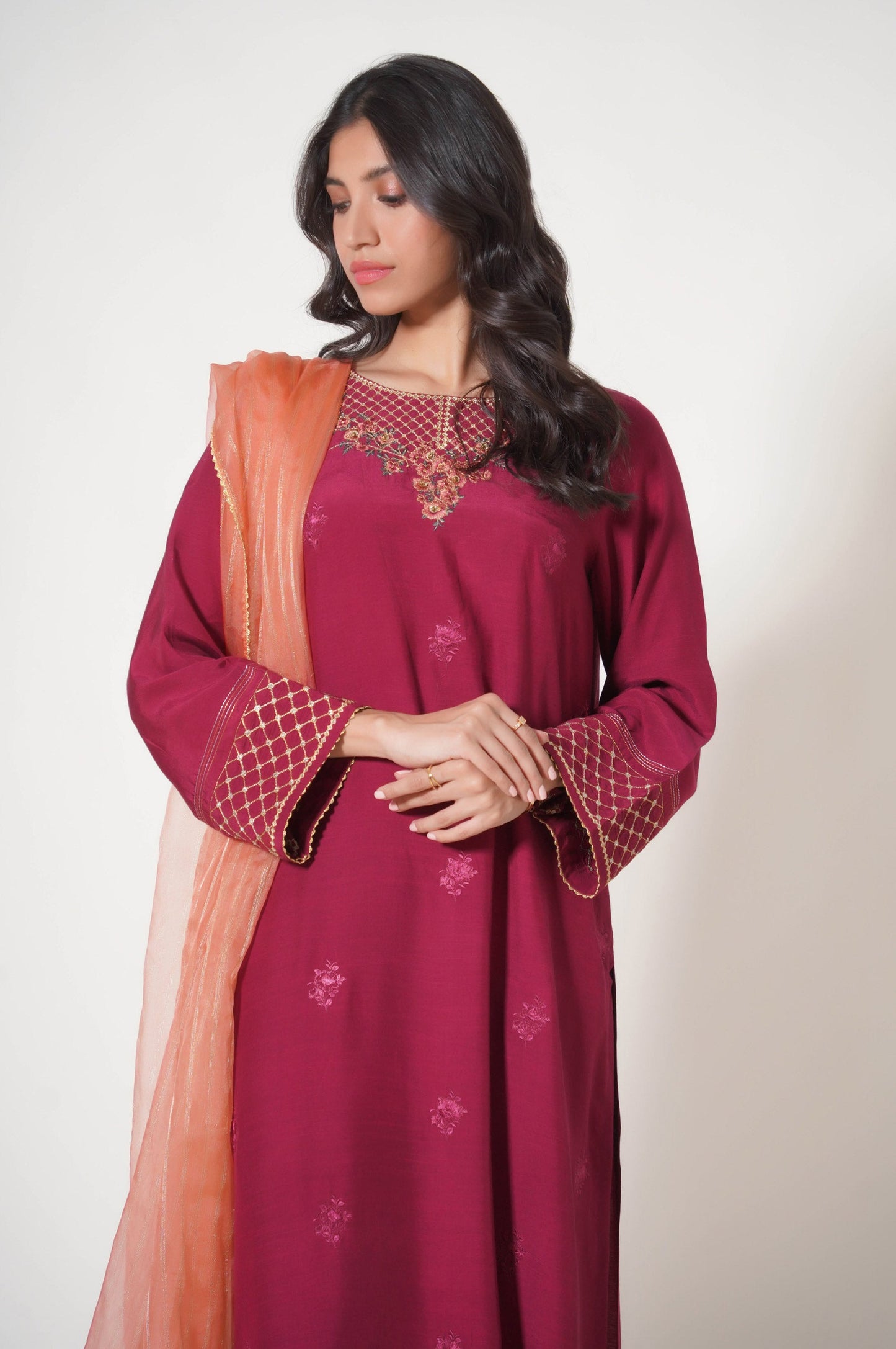 Stitched 3 Piece Embroidered Raw Silk Outfit