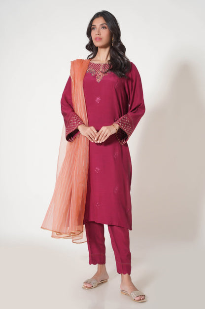 Stitched 3 Piece Embroidered Raw Silk Outfit