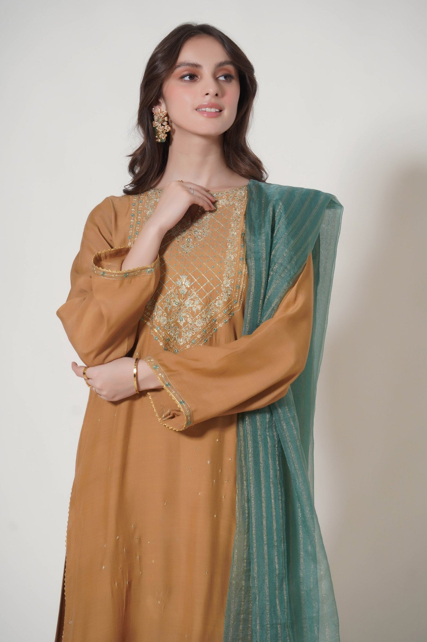 Stitched 3 Piece Embroidered Raw Silk Outfit