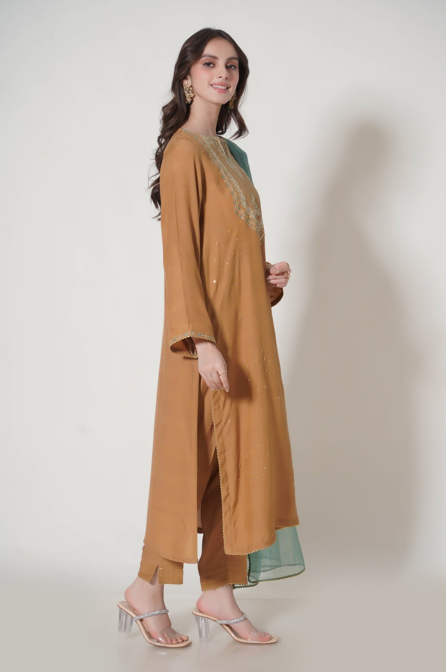 Stitched 3 Piece Embroidered Raw Silk Outfit