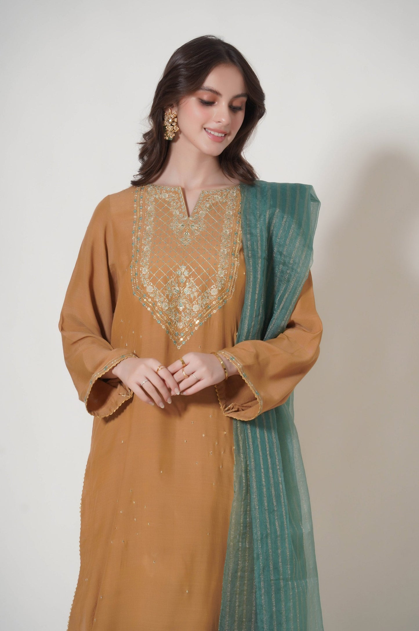 Stitched 3 Piece Embroidered Raw Silk Outfit