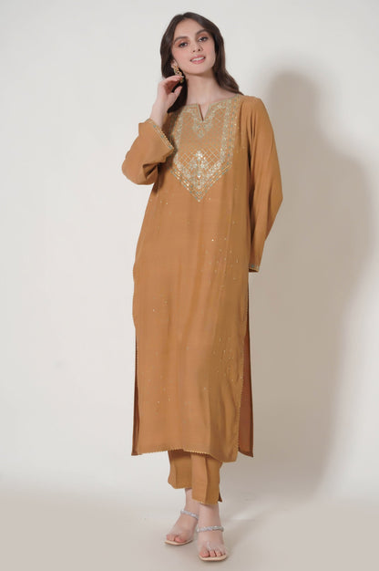 Stitched 3 Piece Embroidered Raw Silk Outfit