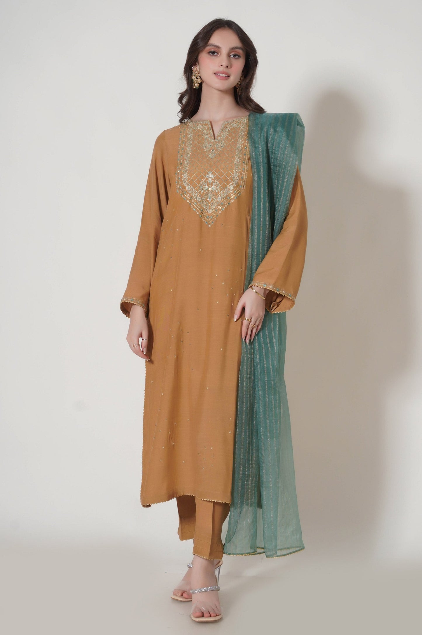 Stitched 3 Piece Embroidered Raw Silk Outfit