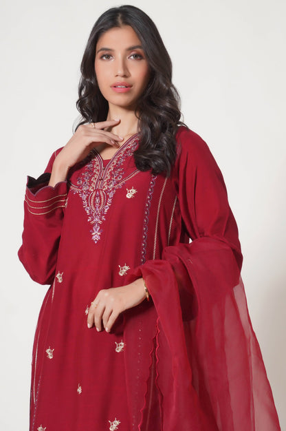 Stitched 3 Piece Embroidered Raw Silk Outfit
