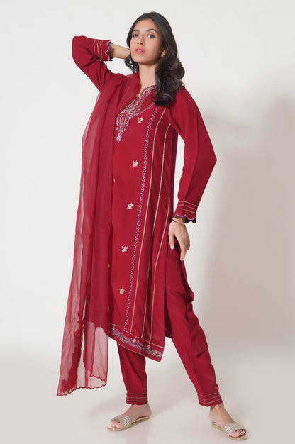 Stitched 3 Piece Embroidered Raw Silk Outfit