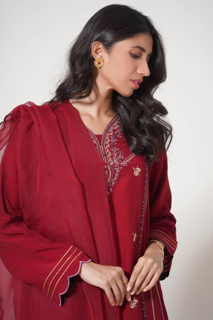 Stitched 3 Piece Embroidered Raw Silk Outfit