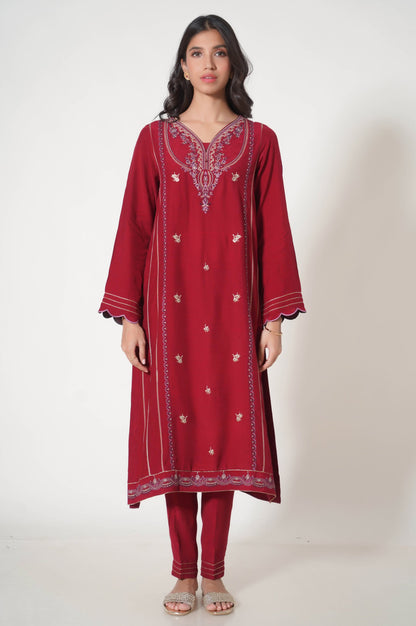 Stitched 3 Piece Embroidered Raw Silk Outfit