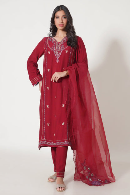 Stitched 3 Piece Embroidered Raw Silk Outfit