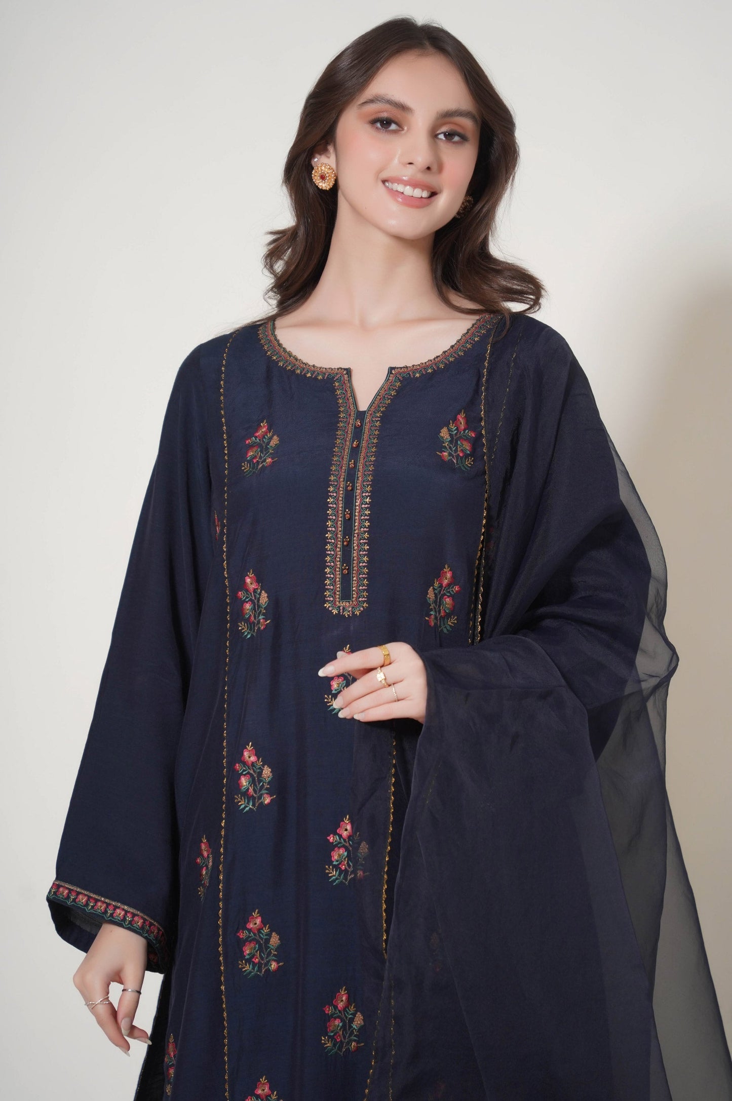 Stitched 3 Piece Embroidered Raw Silk Outfit