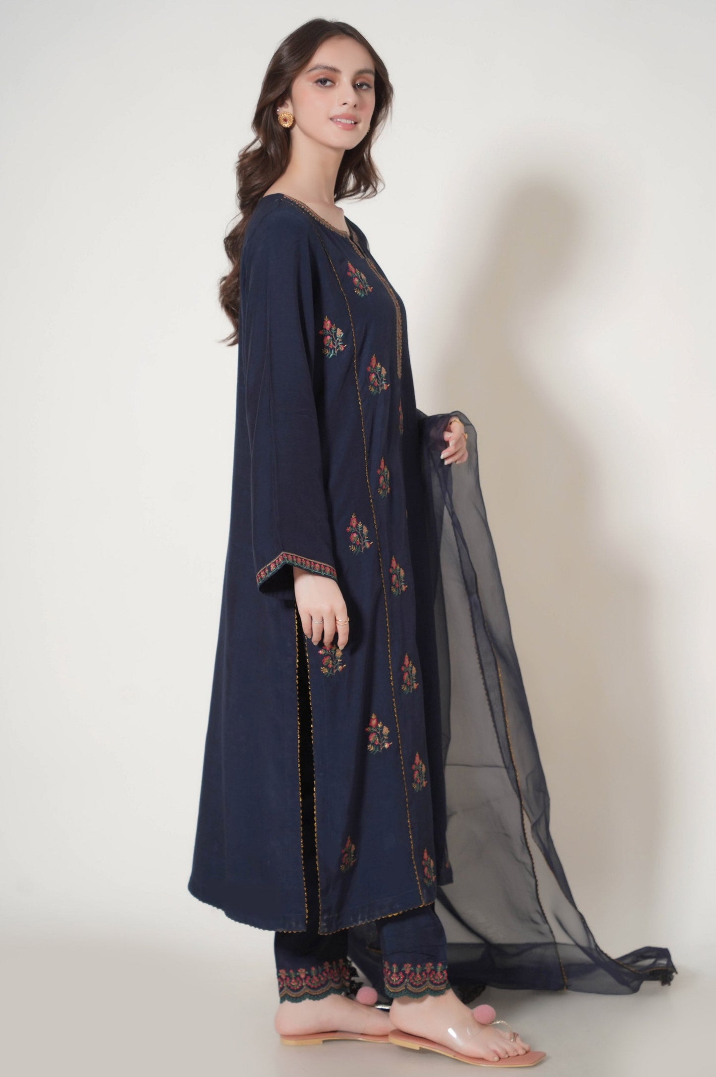 Stitched 3 Piece Embroidered Raw Silk Outfit