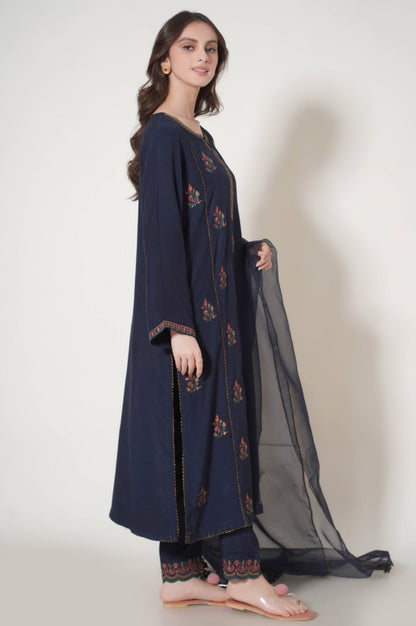 Stitched 3 Piece Embroidered Raw Silk Outfit