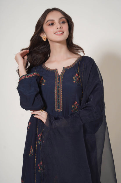 Stitched 3 Piece Embroidered Raw Silk Outfit