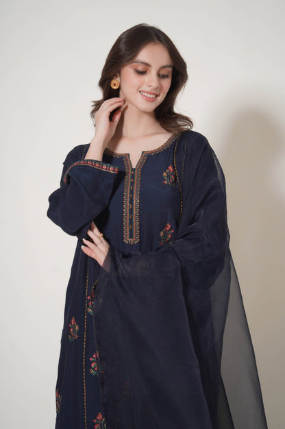 Stitched 3 Piece Embroidered Raw Silk Outfit