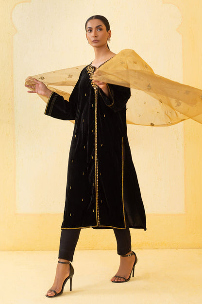 Stitched 3 Piece Embroidered Velvet Outfit - Black