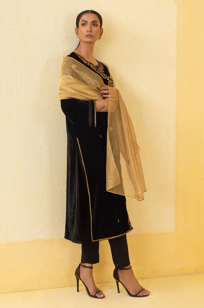 Stitched 3 Piece Embroidered Velvet Outfit - Black