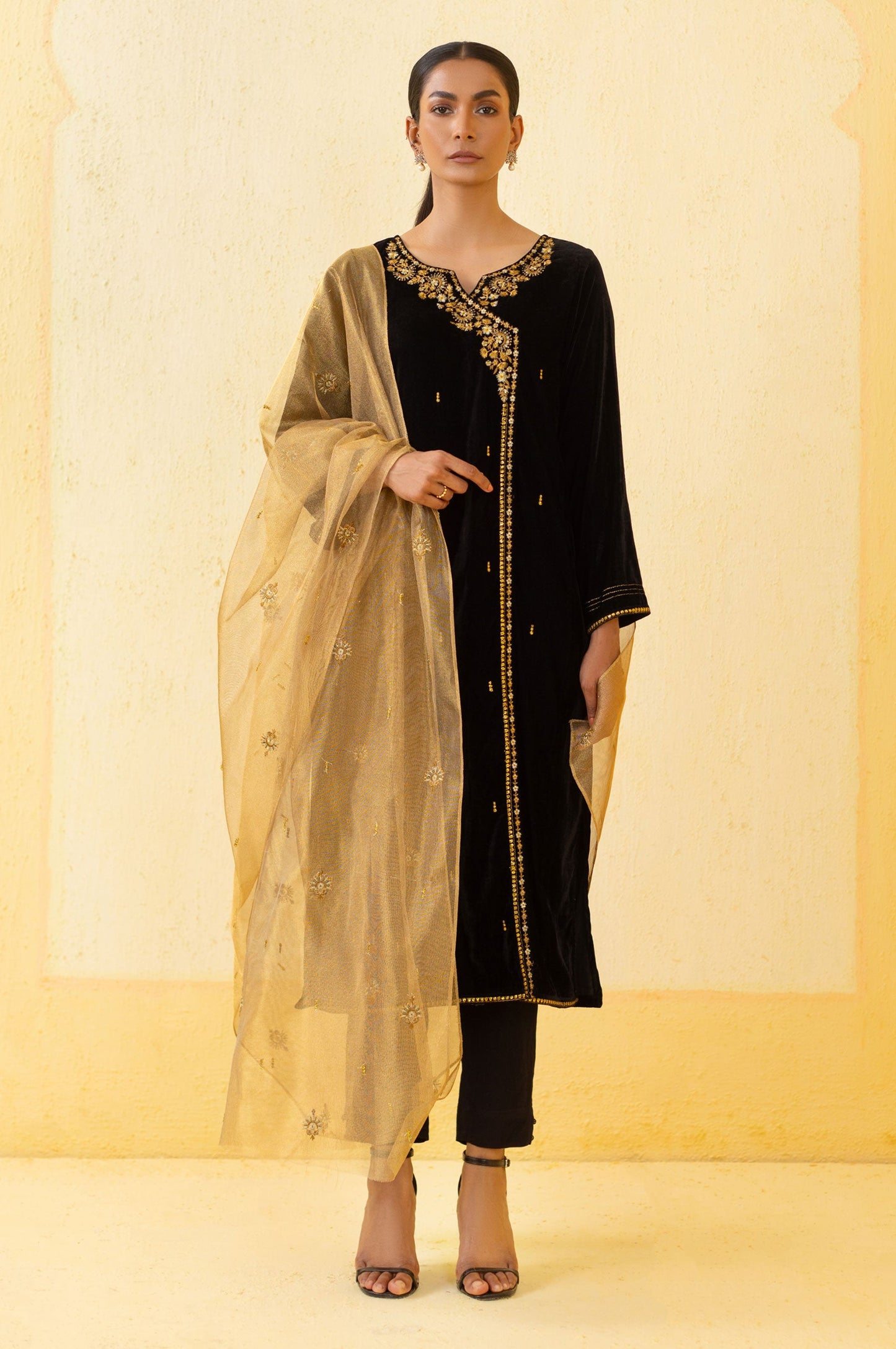 Stitched 3 Piece Embroidered Velvet Outfit - Black