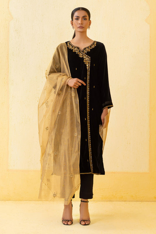 Stitched 3 Piece Embroidered Velvet Outfit - Black