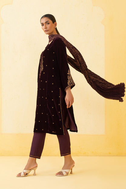 Stitched 3 Piece Embroidered Velvet Suit - Purple