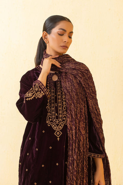 Stitched 3 Piece Embroidered Velvet Suit - Purple