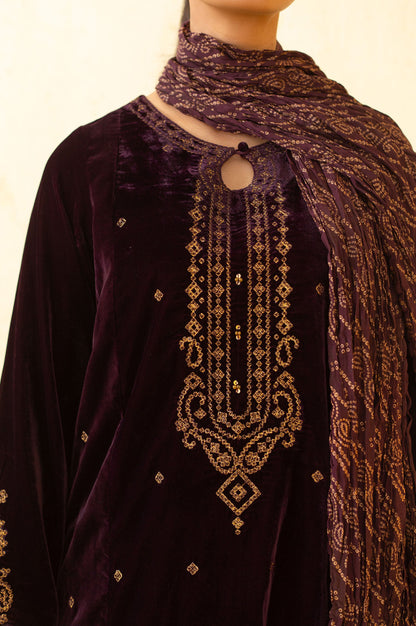 Stitched 3 Piece Embroidered Velvet Suit - Purple