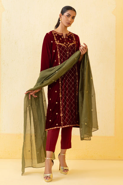 Stitched 3 Piece Embroidered Velvet Suit - Maroon