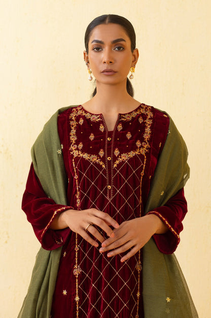Stitched 3 Piece Embroidered Velvet Suit - Maroon