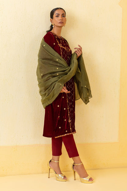 Stitched 3 Piece Embroidered Velvet Suit - Maroon
