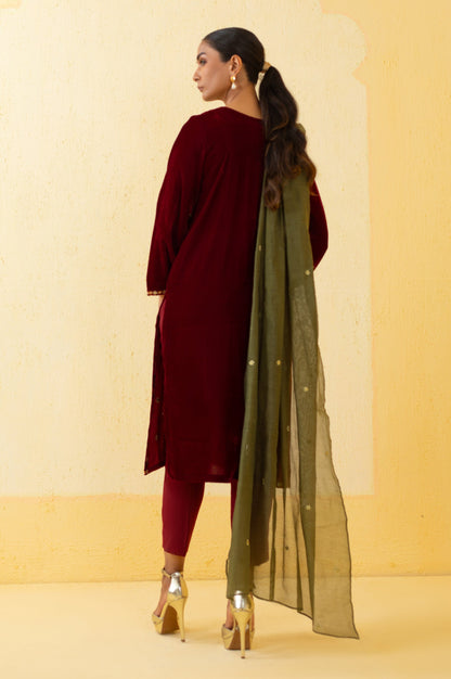 Stitched 3 Piece Embroidered Velvet Suit - Maroon