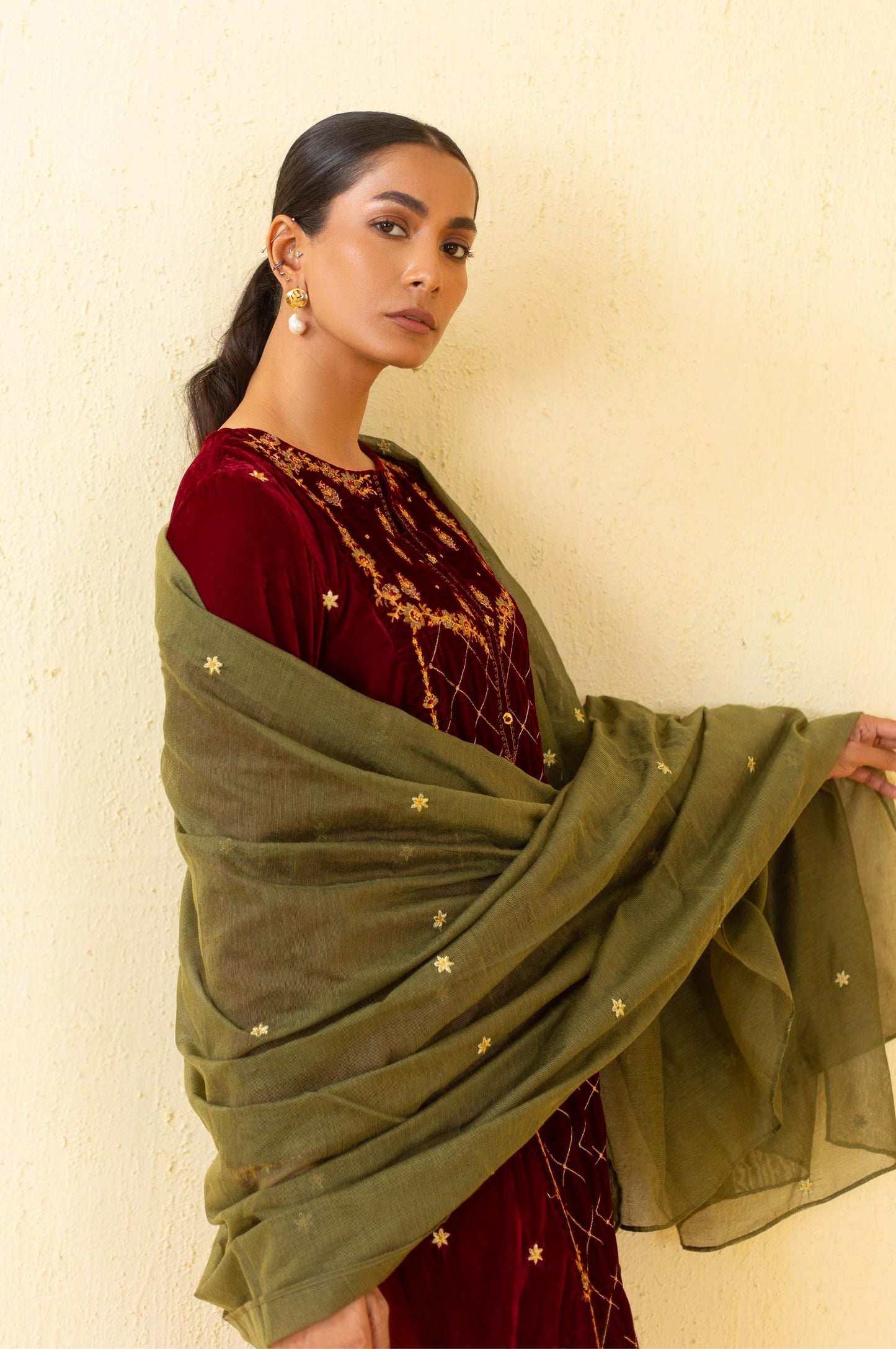 Stitched 3 Piece Embroidered Velvet Suit - Maroon