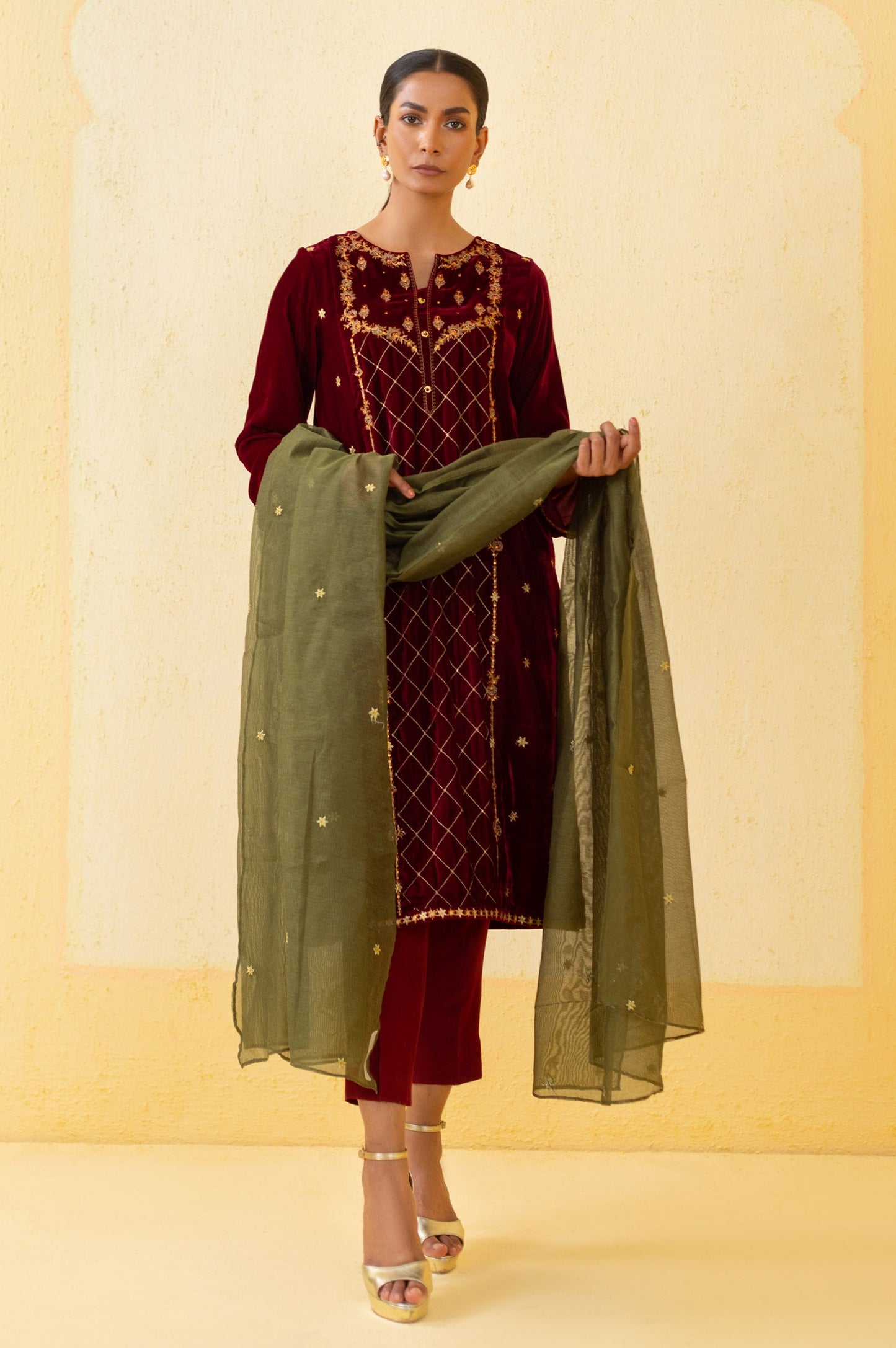 Stitched 3 Piece Embroidered Velvet Suit - Maroon