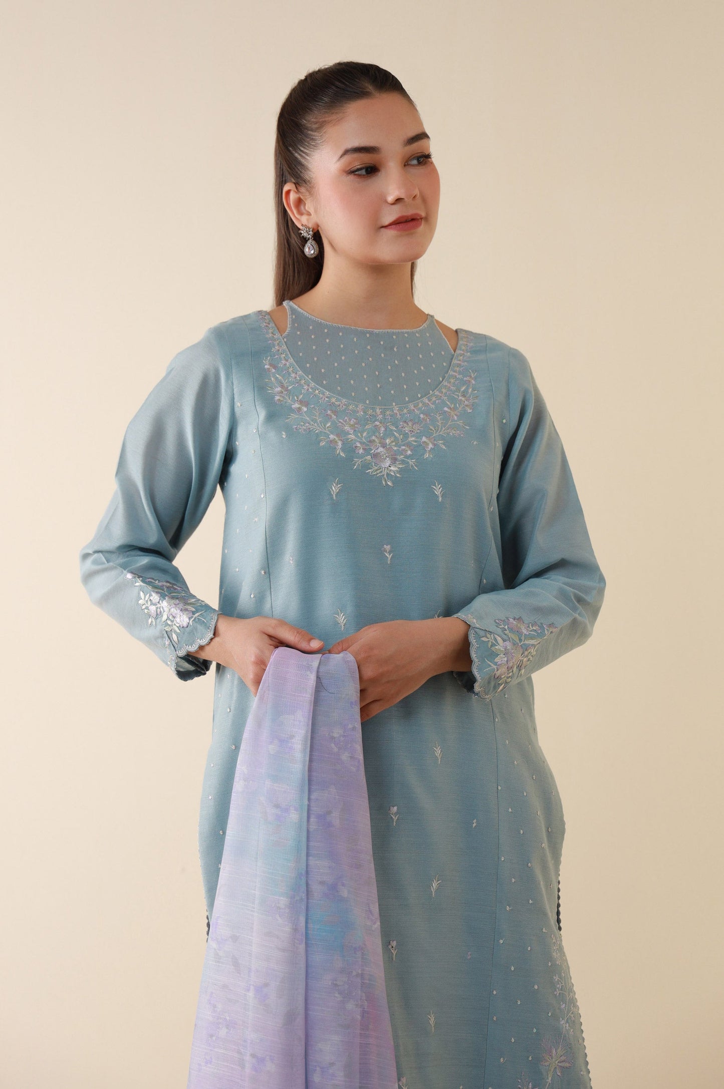 Stitched 3 Piece Embroidered Cotton Net Suit