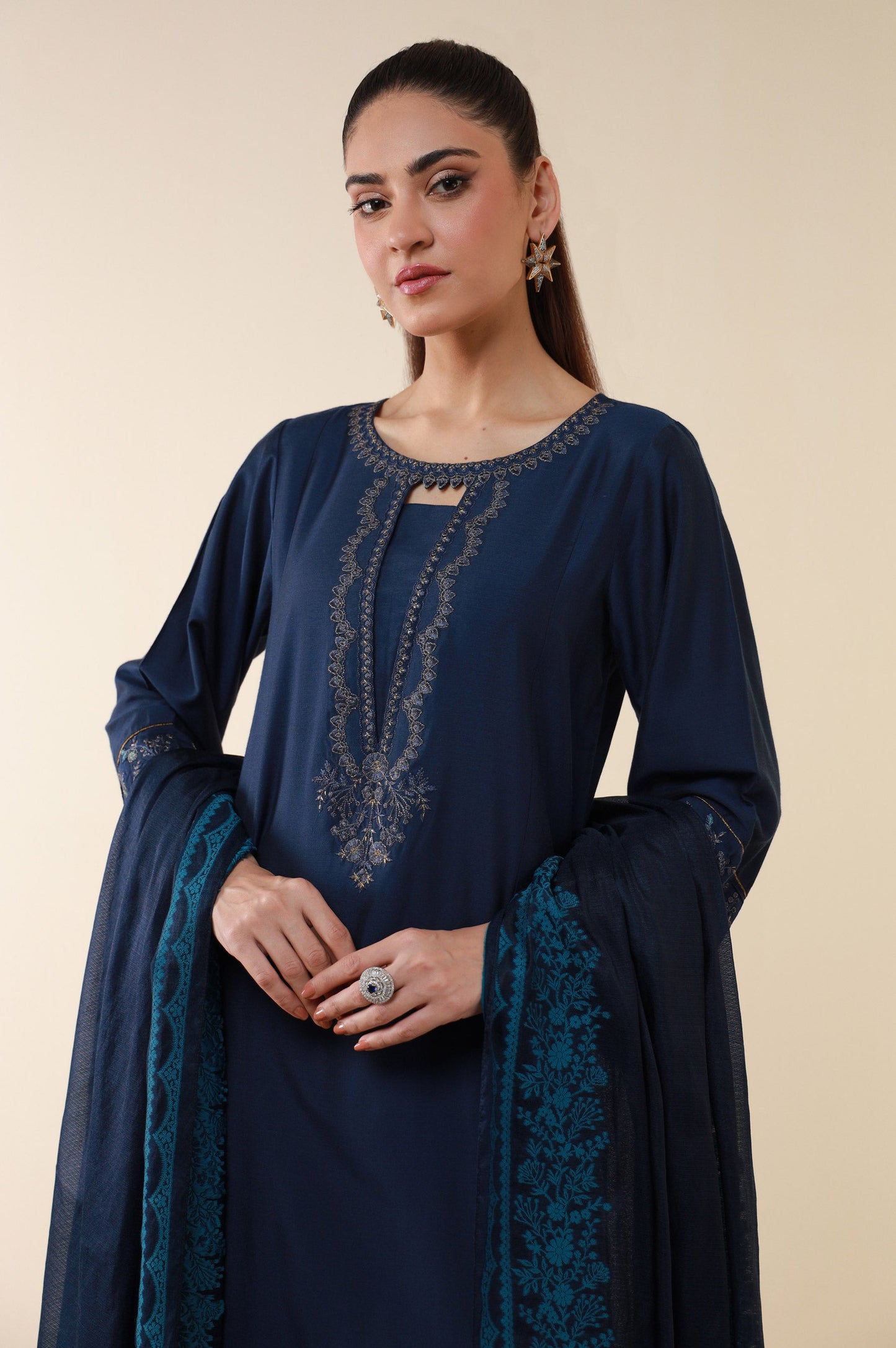 Stitched 3 Piece Embroidered Cotton Silk Suit