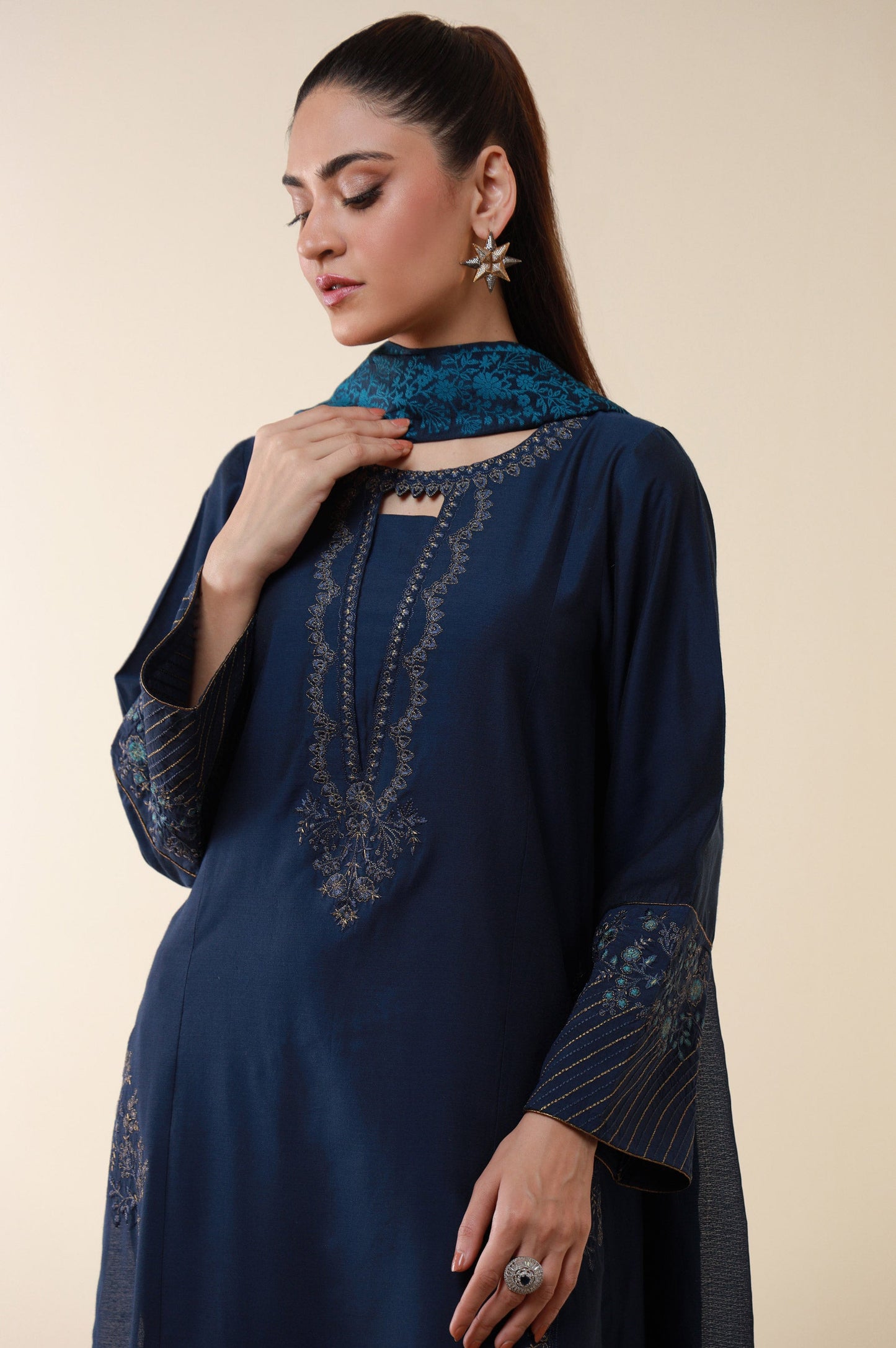 Stitched 3 Piece Embroidered Cotton Silk Suit